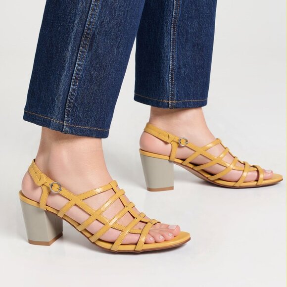 Kenneth Cole New York Patent Leather Caged Sandals Ankle strap Yellow Grey - Picture 1 of 13